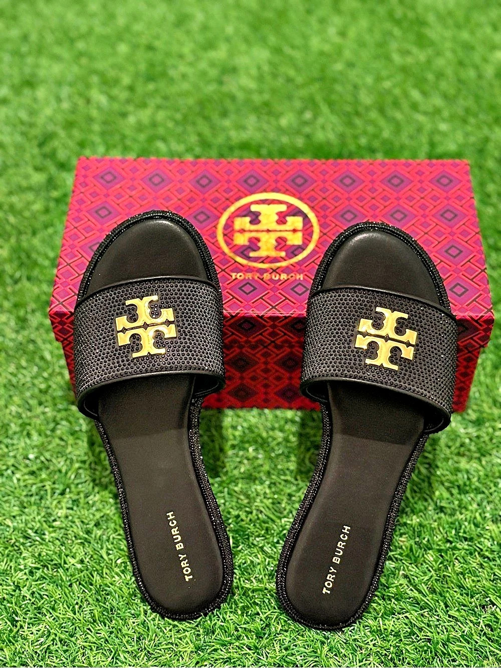 Tory Burch Black Logo Slide Sandals Like New